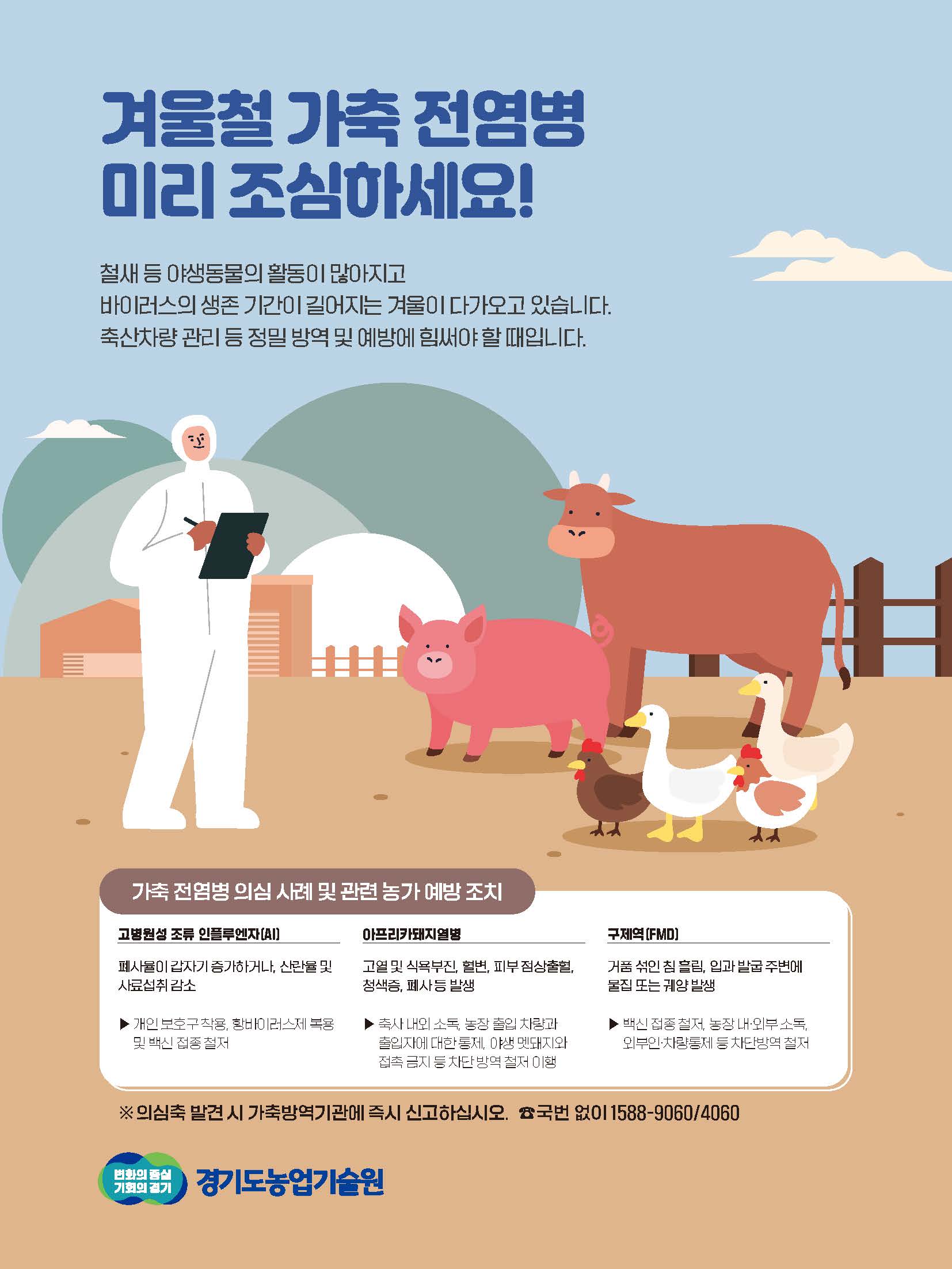 겨울철 가축 전염병 미리 조심하세요! 철새 등 야생동물의 활동이 많아지고 바이러스의 생존 기간이 길어지는 겨울이 다가오고 있습니다.축산차량 관리 등 정밀 방역 및 예방에 힘써야 할 때입니다.가축 전염병 의심 사례 및 관련 농가 예방 조치 고병원성 조류 인플루엔자(AI) 폐사율이 갑자기 증가하거나, 산란율 및 사료섭취 감소 ▶ 개인 보호구 착용, 항바이러스제 복용 및 백신 접종 철저 아프리카돼지열병 고열 및 식욕부진, 혈변, 피부 점상출혈, 청색증, 폐사 등 발생 ▶ 축사 내외 소독, 농장 출입 차량과 출입자에 대한 통제, 야생 멧돼지와 접촉 금지 등 차단 방역 철저 이행 구제역(FMD) 거품 섞인 침 흘림, 입과 발굽 주변에 물집 또는 궤양 발생 ▶ 백신 접종 철저, 농장 내·외부 소독, 외부인·차량통제 등 차단방역 철저 ※ 의심축 발견 시 가축방역기관에 즉시 신고하십시오. ☎ 국번 없이 1588-9060/4060 변화의 중심 기회의 경기 경기도농업기술원