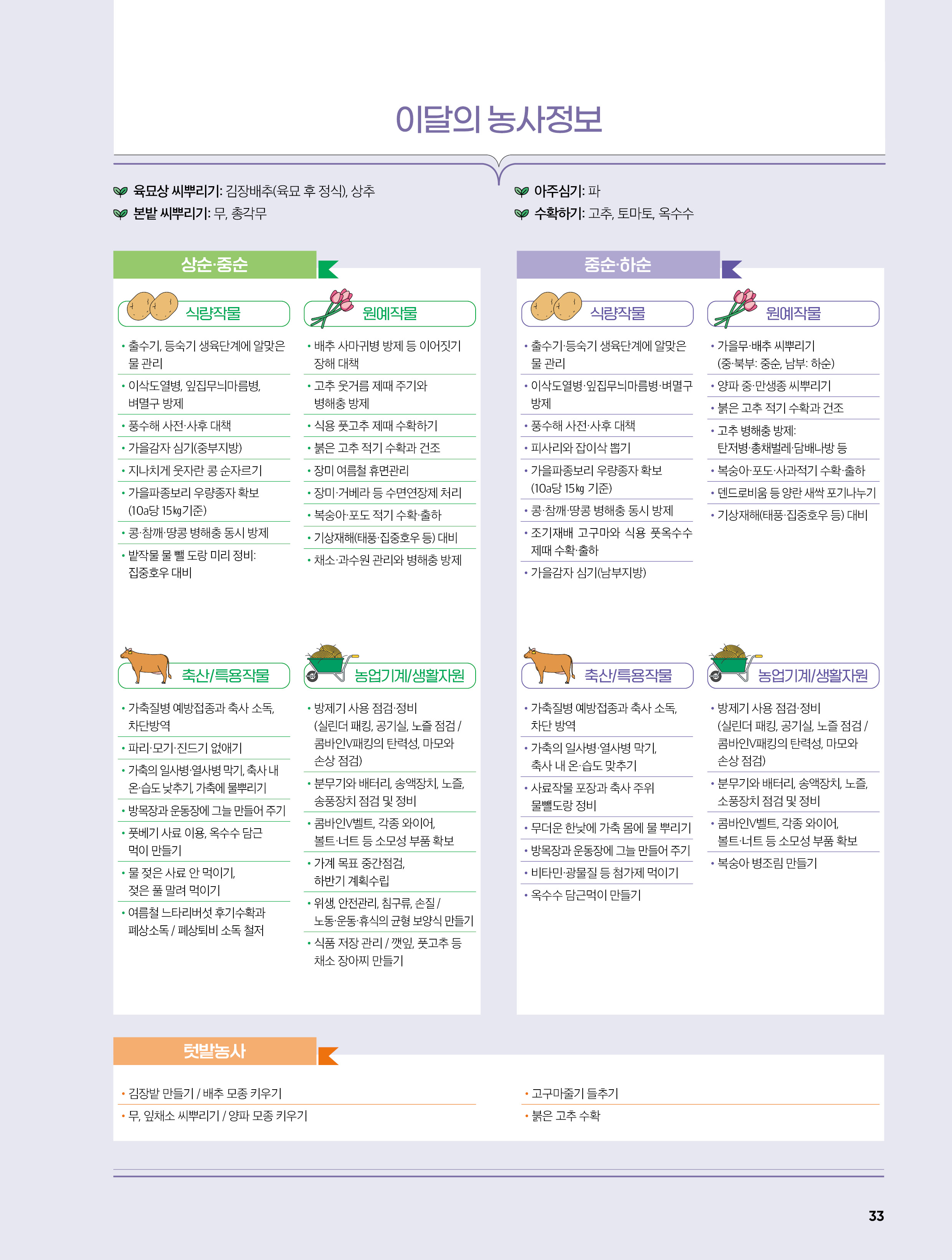 이달의 농사정보 / 육묘상 씨뿌리기: 김장배추(육묘 후 정식), 상추 / 아주심기: 파 / 본밭 씨뿌리기: 무, 총각무 / 수확하기: 고추, 토마토, 옥수수 / 상순·중순(식량작물(•출수기, 등숙기 생육단계에 알맞은 물 관리 •이삭도열병, 잎집무늬마름병, 벼멸구 방제 •풍수해 사전·사후 대책 •가을감자 심기(중부지방) •지나치게 웃자란 콩 순자르기 •가을파종보리 우량종자 확보 (10a당 15㎏기준) •콩·참깨·땅콩 병해충 동시 방제 •밭작물 물 뺄 도랑 미리 정비: 집중호우 대비) / 원예작물(•배추 사마귀병 방제 등 이어짓기 장해 대책 •고추 웃거름 제때 주기와 병해충 방제 •식용 풋고추 제때 수확하기 •붉은 고추 적기 수확과 건조 •장미 여름철 휴면관리 •장미·거베라 등 수면연장제 처리 •복숭아·포도 적기 수확·출하 •기상재해(태풍·집중호우 등) 대비 •채소·과수원 관리와 병해충 방제) / 축산/특용작물(•가축질병 예방접종과 축사 소독, 차단방역 •파리·모기·진드기 없애기 •가축의 일사병·열사병 막기, 축사 내 온·습도 낮추기, 가축에 물뿌리기 •방목장과 운동장에 그늘 만들어 주기 •풋베기 사료 이용, 옥수수 담근 먹이 만들기 •물 젖은 사료 안 먹이기, 젖은 풀 말려 먹이기 •여름철 느타리버섯 후기수확과 폐상소독 / 폐상퇴비 소독 철저) / 농업기계/생활자원(•방제기 사용 점검·정비 (실린더 패킹, 공기실, 노즐 점검 / 콤바인V패킹의 탄력성, 마모와 손상 점검) •분무기와 배터리, 송액장치, 노즐, 송풍장치 점검 및 정비 •콤바인V벨트, 각종 와이어, 볼트·너트 등 소모성 부품 확보 •가계 목표 중간점검, 하반기 계획수립 •위생, 안전관리, 침구류, 손질 / 노동·운동·휴식의 균형 보양식 만들기 •식품 저장 관리 / 깻잎, 풋고추 등 채소 장아찌 만들기)) / 중순·하순(식량작물(•출수기·등숙기 생육단계에 알맞은 물 관리 •이삭도열병·잎집무늬마름병·벼멸구 방제 •풍수해 사전·사후 대책 •피사리와 잡이삭 뽑기 •가을파종보리 우량종자 확보 (10a당 15㎏ 기준) •콩·참깨·땅콩 병해충 동시 방제 •조기재배 고구마와 식용 풋옥수수 제때 수확·출하 •가을감자 심기(남부지방)) / 원예작물(•가을무·배추 씨뿌리기 (중·북부: 중순, 남부: 하순) •양파 중·만생종 씨뿌리기 •붉은 고추 적기 수확과 건조 •고추 병해충 방제: 탄저병·총채벌레·담배나방 등 •복숭아·포도·사과적기 수확·출하 •덴드로비움 등 양란 새싹 포기나누기 •기상재해(태풍·집중호우 등) 대비) / 축산/특용작물(•가축질병 예방접종과 축사 소독, 차단 방역 •가축의 일사병·열사병 막기, 축사 내 온·습도 맞추기 •사료작물 포장과 축사 주위 물뺄도랑 정비 •무더운 한낮에 가축 몸에 물 뿌리기 •방목장과 운동장에 그늘 만들어 주기 •비타민·광물질 등 첨가제 먹이기 •옥수수 담근먹이 만들기) / 농업기계/생활자원(•방제기 사용 점검·정비 (실린더 패킹, 공기실, 노즐 점검 / 콤바인V패킹의 탄력성, 마모와 손상 점검) •분무기와 배터리, 송액장치, 노즐, 소풍장치 점검 및 정비 •콤바인V벨트, 각종 와이어, 볼트·너트 등 소모성 부품 확보 •복숭아 병조림 만들기)) / 텃밭농사(•김장밭 만들기 / 배추 모종 키우기 •무, 잎채소 씨뿌리기 / 양파 모종 키우기 •고구마줄기 들추기 •붉은 고추 수확)