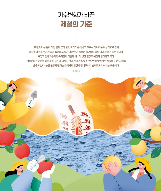 기후변화가 바꾼 제철의 기준 / ‘제철’이라는 말이 예전 같지 않다. 한반도의 기온 상승과 예측하기 어려운 이상기후로 인해 농작물의 생육 주기가 크게 요동치고 있기 때문이다. 봄꽃은 예년보다 일찍 피고, 여름은 길어졌으며, 폭염과 집중호우가 반복되면서 과일과 채소의 생산 일정도 예전과 달라지고 있다. 기후변화는 단순히 날씨를 바꾸는 데 그치지 않고, 우리가 오랫동안 당연하게 여겨온 ‘제철의 기준’ 자체를 흔들고 있다. 농업 현장의 변화는 소비자의 밥상과 장바구니의 변화로도 이어지는 모습이다. / 글. 편집실